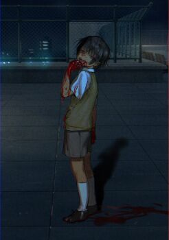 1boy black_hair black_shoes blood blood_on_arm blood_on_clothes blood_on_face blood_on_hands blood_on_mouth blood_on_shoes blurry blurry_background chain-link_fence cityscape collared_shirt fence film_grain food from_side full_body grey_shorts guro hand_up highres holding holding_food looking_at_viewer male_focus meat night on_rooftop original outdoors red_eyes shadow shirt shoes short_hair short_sleeves shorts smile socks solo sweater_vest teeth unholymilk white_shirt white_socks yellow_sweater_vest