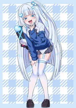 1girl absurdres bag bag_charm black_bow blue_cardigan blue_eyes blue_nails blush bow breasts cardigan character_charm character_request charm_(object) collared_shirt commentary_request commission copyright_request garter_straps grey_hair hair_ornament hair_scrunchie hairclip heart heart_hair_ornament highres large_breasts leaning_forward long_hair looking_at_viewer open_mouth pleated_skirt pokemoa scrunchie shirt shoes shoulder_bag skeb_commission skirt smile solo thighhighs tongue very_long_hair white_shirt white_thighhighs