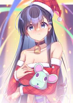 1girl :t akiyoshi_fuyuka alternate_costume arm_under_breasts armpit_crease bare_shoulders bell black_choker black_hair blue_eyes blurry blurry_background blush breasts choker cleavage closed_mouth collarbone commentary_request confetti crop_top detached_sleeves embarrassed eyes_visible_through_hair fingernails fur-trimmed_headwear fur-trimmed_sleeves fur_trim hair_behind_ear hair_between_eyes hand_up hat highres holding holding_stuffed_toy kanojo_no_seiiki large_breasts long_hair long_sleeves looking_at_viewer mate_(oktavia1121) neck_bell nose_blush pout red_hat red_sleeves santa_costume santa_hat sidelocks solo straight_hair stuffed_animal stuffed_mouse stuffed_toy tareme tearing_up twitter_username upper_body v-shaped_eyebrows very_long_hair