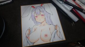 1girl animal_ears art_tools_in_frame breasts commentary_request hair_intakes highres large_breasts long_hair looking_at_viewer nipples photo_(medium) pink_eyes purple_hair rabbit_ears rabbit_girl reisen_udongein_inaba shikishi shirt solo touhou traditional_media undressing upper_body usaka_ray white_shirt