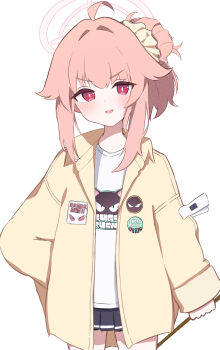 1girl absurdres akarenga black_skirt blue_archive cowboy_shot halo highres jacket miniskirt natsu_(blue_archive) pink_hair pink_halo red_eyes shirt simple_background skirt solo t-shirt thigh_gap white_background white_shirt yellow_jacket
