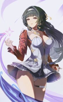 1girl absurdres astra_yao black_hair blunt_bangs breasts cleavage collarbone commentary_request crossed_legs dress earrings gcey4478 hair_ornament hairband highres jewelry long_hair long_sleeves looking_at_viewer medium_breasts necklace panties pearl_necklace red_eyes short_dress simple_background smile solo thigh_strap thighs underwear upper_body white_dress white_hairband white_panties zenless_zone_zero