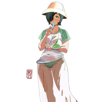 1girl arm_under_breasts bikini bikini_under_clothes black_hair blush boji_norn breasts chainsaw_man cleavage commentary contrapposto covered_navel dark-skinned_female dark_skin english_commentary eyepatch food gluteal_fold green_bikini groin hat highres himeno_(chainsaw_man) large_breasts popsicle raglan_sleeves shirt short_hair short_sleeves simple_background solo sweat swimsuit