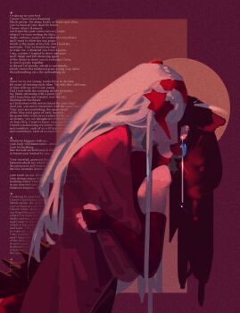 2girls arknights bare_shoulders black_sleeves brown_coat brown_hair coat commentary detached_sleeves dragon_girl dragon_horns dragon_tail dress earrings english_commentary english_text face-to-face feather_earrings feather_hair feathers film_grain from_side heavy_film_grain height_difference highres holding_another's_arm holding_another's_waist horns hug i_sleepingnow jewelry kiss leaning_on_person limited_palette long_hair multiple_girls official_alternate_costume orange_horns owl_ears owl_girl poem red_background red_theme saria_(arknights) silence_(arknights) silence_the_paradigmatic_(arknights) silence_the_paradigmatic_(habitat)_(arknights) sleeveless sleeveless_dress spot_color spotlight tail trench_coat white_hair yuri