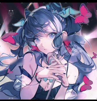 1girl aqua_bow aqua_bowtie baibaibaizai bare_shoulders black_choker black_nails black_tank_top blue_eyes blue_hair blue_ribbon blue_wings bow bow_earrings bowtie breasts bug butterfly choker cleavage collarbone commission cone_hair_bun cross demon_wings detached_sleeves double_bun earrings expressionless hair_bun hair_ornament hair_ribbon hairclip head_wings heart_bracelet holding holding_microphone insect interlocked_fingers jewelry letterboxed long_hair looking_at_viewer loose_hair_strand making-of_available microphone microphone_stand mihuashi_commission nail_polish original outline own_hands_together parted_lips pink_bow pink_butterfly puffy_short_sleeves puffy_sleeves ribbon sample_watermark second-party_source see-through_clothes see-through_sleeves short_sleeves single_sidelock solo spaghetti_strap stage stage_lights swept_bangs tank_top two_side_up upper_body vertical-striped_tank_top very_long_hair watermark watermark_grid wavy_hair white_outline white_sleeves wings