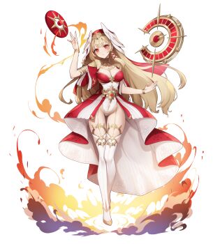 1girl absurdres arm_up bangle bare_arms blonde_hair bracelet breasts burning cleavage cross crossed_legs eversoul feathered_wings full_body game_cg hair_between_eyes head_wings highleg highleg_leotard highres jewelry legs_together leotard long_hair looking_to_the_side medium_breasts multicolored_leotard nun official_alternate_costume official_alternate_hair_color official_alternate_hairstyle official_art orange_pupils parted_lips red_eyes red_leotard red_veil rose_(eversoul) rose_(prominence)_(eversoul) shoes showgirl_skirt solo standing tachi-e thighhighs transparent_background two-tone_leotard veil watson_cross white_leotard white_thighhighs wings yellow_shoes