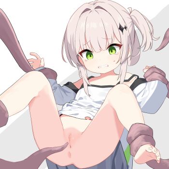 1girl absurdres anus barefoot coeiroink commentary_request commission croix-chan flat_chest green_eyes highres loli pawrorikon pixiv_commission pussy solo tentacles variant_set