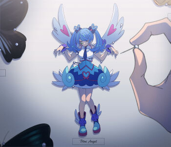 1girl 3_ma_me bare_shoulders blue_angel_(yu-gi-oh!) blue_boots blue_hair blue_skirt boots breasts character_name closed_eyes full_body large_breasts on_wall shirt skirt solo twintails white_shirt white_wings wings yu-gi-oh! yu-gi-oh!_vrains zaizen_aoi