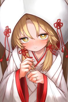 Rule 34 | 1girl, absurdres, blonde hair, blush, bright pupils, closed mouth, commentary, commission, hair between eyes, hands up, highres, japanese clothes, jewelry, kimono, long sleeves, looking at viewer, medium hair, moriya suwako, nail polish, neritch, ring, sidelocks, skeb commission, smile, solo, touhou, uchikake, upper body, wedding ring, white kimono, white nails, white pupils, yellow eyes