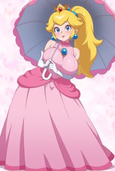 1girl blonde_hair blue_eyes blue_hairband breasts commentary_request crown dress earrings elbow_gloves gloves hairband heart heart_background highres holding huet-pc jewelry large_breasts light_blush long_hair looking_at_viewer mario_(series) nintendo pink_dress ponytail princess_peach sleeveless smile solo sphere_earrings white_gloves