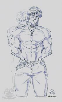 2boys abs araki_hirohiko_(style) bara belt closed_mouth collar cowboy_shot dio_brando fingernails highres jewelry jojo_no_kimyou_na_bouken jonathan_joestar looking_at_viewer multiple_boys muscular muscular_male navel necklace pants phantom_blood sharp_fingernails simple_background smile tmblyeet topless_male white_background