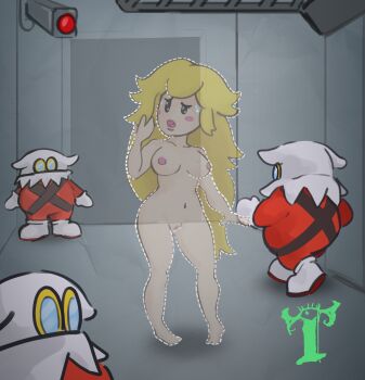 1girl ahoge arm_at_side armpits artist_logo artist_request bare_arms barefoot blonde_hair blue_eyes blush_stickers breasts collarbone completely_nude embarrassed exhibitionism eyelashes feet female_focus full_body groin hand_up heel_up height_difference highres invisible legs lips logo long_hair looking_up mario_(series) medium_breasts navel neck nervous_sweating nintendo nipples nude open_mouth paper_mario paper_mario:_the_thousand-year_door parted_bangs pigeon-toed princess_peach public_indecency public_nudity pussy security_camera standing sweat thighs toes walking x-naut