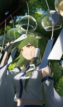 1girl absurdres commentary_request detached_sleeves forest frog_hair_ornament green_eyes green_hair gu0st hair_ornament hair_tubes highres kochiya_sanae long_hair long_sleeves nature shirt skirt smile snake snake_hair_ornament solo touhou