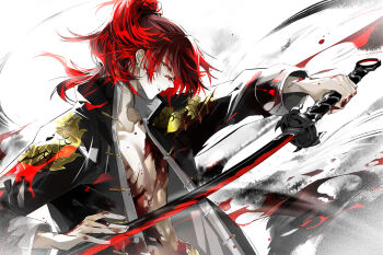 1boy abs bishounen black_jacket blood blood_on_body blood_on_face blood_splatter blood_spray bloody_weapon closed_mouth coldiron collarbone fighting_stance hand_up high_collar highres holding holding_sword holding_weapon jacket long_hair male_focus open_clothes open_jacket pectoral_cleavage pectorals ponytail profile red_eyes red_hair smoke solo sword torn_clothes weapon yong_jie_wujian