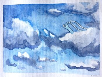 altaria blue_theme border cloud commentary commentary_request english_commentary gen_3_pokemon highres luckyfy mixed-language_commentary nintendo no_humans outdoors painting_(medium) paper_texture pokemon pokemon_(creature) solo traditional_media watercolor_(medium) white_border