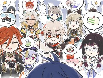 &lt;|&gt;_&lt;|&gt; 3boys 6+girls animal_ears antenna_hair bandaged_hand bandages biker_clothes bikesuit black_hair blonde_hair blue_hair bodysuit bow brown_hair cake cake_slice cameo cat_ears closed_eyes closed_mouth coin colored_tips columbina_(genshin_impact) crossed_bangs crossover crowd eye_mask facial_mark facing_another fingerless_gloves flins_(genshin_impact) food genshin_impact gloves green_eyes grey_hair hair_between_eyes hair_bow hair_ornament hairclip hat head_wings highres jane_doe_(zenless_zone_zero) jitome kaedehara_kazuha kirara_(genshin_impact) long_hair long_sleeves looking_at_another lynette_(genshin_impact) mask mavuika_(genshin_impact) mermaid monster_girl motor_vehicle motorcycle mouse_ears multicolored_hair multiple_boys multiple_girls ofuda ofuda_on_head open_mouth outstretched_arms own_hands_together parted_lips pink_eyes pink_hair purple_eyes purple_hair qiqi_(genshin_impact) red_eyes red_hair rubbing_hands_together sangonomiya_kokomi shared_speech_bubble smile speech_bubble spoken_food spoken_object spread_arms tan two-tone_hair wings xilonen_(genshin_impact) xinzoruo yae_miko yae_miko_(fox) zenless_zone_zero zhongli_(genshin_impact)