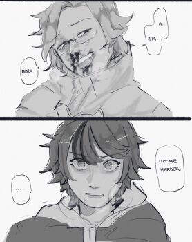 2boys 2koma aotsuki_eito bleeding bleeding_from_mouth blood blood_on_face comic english_text glasses greyscale hair_between_eyes hair_over_one_eye highres looking_at_viewer male_focus messy_hair monochrome multicolored_hair multiple_boys nosebleed open_mouth simple_background speech_bubble sumino_takumi the_hundred_line_-last_defense_academy- upper_body white_background yaoi