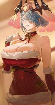 1girl absurdres bare_shoulders blue_eyes blurry blurry_background braid braided_bangs breasts cleavage commentary cowboy_shot dress duet_night_abyss fingernails fur-trimmed_dress fur_trim green_nails hair_over_one_eye highres huge_breasts indoors long_fingernails looking_at_viewer multicolored_nails nail_polish off-shoulder_dress off_shoulder official_alternate_costume parted_lips pink_veil rebecca_(duet_night_abyss) red_dress red_nails short_dress short_hair smile solo veil yellow_nails yonesdraws