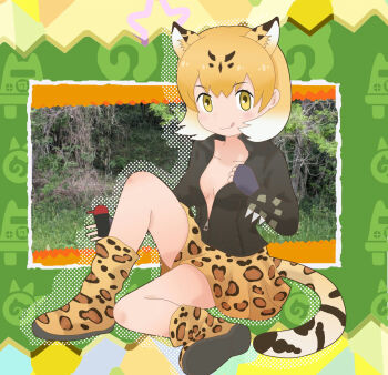 1girl :q animal_ears animal_print black_jacket blonde_hair blush boots breasts closed_mouth collarbone commentary_request extra_ears fingerless_gloves full_body gloves highres jacket jaguar_ears jaguar_tail kemono_friends knee_up leopard_(kemono_friends) leopard_ears leopard_girl leopard_print leopard_tail long_sleeves looking_at_viewer medium_breasts multicolored_hair no_bra open_clothes open_jacket orange_hair print_gloves print_skirt short_hair sitting skirt smile solo tail tomoegatadouki tongue tongue_out white_hair yellow_eyes