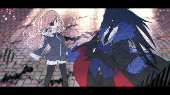 1boy 1girl animal_head bird_boy black_coat black_skin black_suit blonde_hair cape caron_(higyaku_no_noel) coat colored_skin crossed_arms demon_boy eyepatch formal_clothes fur-trimmed_coat fur_trim higyaku_no_noel jacket long_hair necktie noel_cerquetti red_eyes severed_arm severed_limb suit tamanoha_(cookware) vest winter_clothes winter_coat