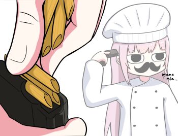 1girl chef chef_hat commentary fake_facial_hair fake_mustache fong_(fongthe0125) food gun gun_to_head hashtag-only_commentary hat highres holding holding_gun holding_weapon hololive hololive_english italian_text jacket long_hair magazine_(weapon) mori_calliope multiple_views pasta pink_hair simple_background symbol-only_commentary very_long_hair virtual_youtuber weapon white_background white_hat white_jacket