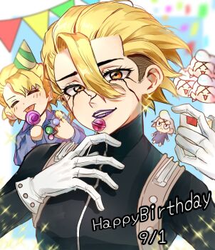 1boy black_bodysuit blonde_hair bodysuit candy character_doll dated doll dr._stone eerika1114 food gloves hair_between_eyes happy_birthday hat highres holding holding_candy holding_food holding_lollipop lipstick lollipop looking_at_viewer makeup multiple_boys party_hat purple_lips short_hair smile stanley_snyder_(dr.stone) tongue tongue_out white_gloves xeno_(dr.stone) yellow_eyes