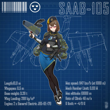 Rule 34 | 1girl, absurdres, air-to-air missile, aircraft, black pantyhose, black shirt, blue skirt, blueprint background, bomb, breasts, brown hair, closed mouth, clothing cutout, coat of arms, commentary request, english text, explosive, full body, glasses, gun, hat, highres, holding, holding tablet pc, jacket, jacket on shoulders, long sleeves, looking at viewer, mecha musume, medium breasts, medium hair, original, pantyhose, personification, purple eyes, saab 105, shirt, sideboob, skirt, smile, swedish air force, swedish flag, tablet pc, tre kronor, vf31j, war thunder, weapon