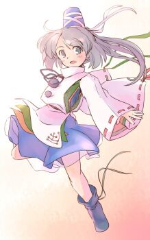 1girl black_ribbon black_shoes blue_dress blue_hat blush commentary_request dress flower full_body gradient_background green_ribbon grey_eyes grey_hair hat hat_ribbon long_hair mononobe_no_futo one-hour_drawing_challenge open_mouth orange_background pom_pom_(clothes) ponytail rangycrow red_ribbon ribbon ribbon-trimmed_sleeves ribbon_trim rose shoes sideways_glance solo tate_eboshi touhou white_flower white_rose