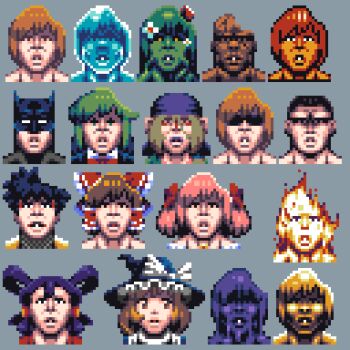 5girls 6+boys bandana batman batman_(series) black_eyes black_hair bow brown_hair character_request check_copyright commentary_request copyright_request dc_comics elemental_(creature) fire fire_elemental green_hair grey_background hakurei_reimu hat hat_bow highres kaname_madoka kaname_madoka_(magical_girl) kanmarisa_(meme) kirisame_marisa kusuriuri_(mononoke) looking_at_viewer mahou_shoujo_madoka_magica mahou_shoujo_madoka_magica_(anime) manatsu_no_yo_no_inmu mario_(series) meme mononoke monster_boy multiple_boys multiple_girls nintendo parted_lips pink_hair pixel_art princess_toadstool_redraw_(meme) purple_bandana purple_hair sakuna-hime short_hair simple_background slime_boy sprite_sheet sunglasses super_mario_bros._1 takuya_(acceed) tensui_no_sakuna-hime tonchamon_san tone_sphere touhou trin_(tone_sphere) upper_body white_bow