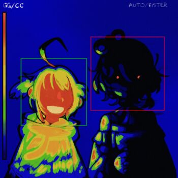 2girls ahoge blue_background cecilia_immergreen cecilia_immergreen_(1st_costume) commentary dark detached_sleeves doll_joints finnjr637 gigi_murin gigi_murin_(1st_costume) glowing glowing_eyes highres hololive hololive_english hood hoodie joints multiple_girls red_eyes smile symbol-only_commentary thermogram twintails virtual_youtuber winding_key