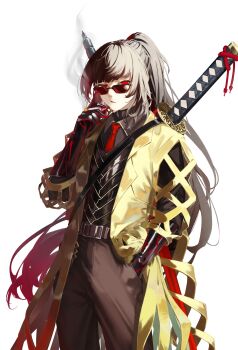 1girl absurdres belt black_pants black_shirt black_vest cigarette coat collared_shirt contempt_awe_(e.g.o) cowboy_shot e.g.o_(project_moon) hand_in_pocket hand_up highres holding holding_cigarette issun_boushi_(taku37taku) lapels limbus_company long_hair looking_at_viewer looking_over_eyewear n_corp._e.g.o_(identity)_(project_moon) necktie notched_lapels ootachi pants ponytail project_moon red-tinted_eyewear red_eyes red_necktie ryoshu_(project_moon) sheath sheathed shirt smoke smoking solo sunglasses sword sword_hilt sword_on_back tinted_eyewear very_long_hair vest weapon weapon_on_back white_background yellow_coat