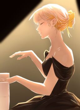 1girl bare_shoulders black_dress blonde_hair bow closed_eyes closed_mouth commentary dress from_side hair_bow hair_bun highres instrument maengowl music off-shoulder_dress off_shoulder original playing_instrument playing_piano profile single_hair_bun solo spotlight upper_body yellow_bow
