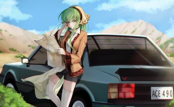 1girl absurdres alternate_costume black_choker black_shorts blue_car blue_sky blush breasts brown_jacket budgiepon c.c. car casual choker closed_mouth code_geass commentary_request crossed_bangs day dress dress_shirt eyes_visible_through_hair feet_out_of_frame floating_hair geass green_hair hair_between_eyes hand_in_own_hair hand_up headscarf highres holding holding_map jacket lips long_hair long_sleeves looking_at_viewer map medium_breasts motor_vehicle outdoors scenery shirt shorts sidelocks sky smile solo standing straight_hair sunlight thighhighs very_long_hair white_dress white_thighhighs wide_shot wide_sleeves wind wind_lift yellow_eyes yellow_headscarf