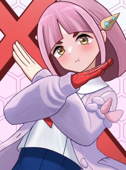 1girl arched_bangs blue_pants blueberry_academy_school_uniform blush closed_mouth coat gloves hair_ornament it&#039;s_just_not_right! lacey_(pokemon) looking_at_viewer n/p_(xrey2588) nintendo pants pink_coat pink_hair pokemon pokemon_sv pout red_gloves school_uniform shirt short_hair single_glove solo thick_eyebrows upper_body v-shaped_eyebrows white_shirt x_arms yellow_eyes