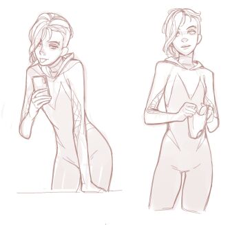 1girl bodysuit eyebrow_piercing face_piercing feason graphite_(medium) gwen_stacy highres holding holding_phone marvel multiple_girls phone piercing short_hair sketch spider-gwen spider-man:_into_the_spider-verse spider-man_(series) spider-verse tongue tongue_out traditional_media