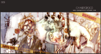 1boy artist_name artist_self-insert black-framed_eyewear black_gloves black_lips black_necktie brown_hair bug caution_tape collared_shirt colored_skin commentary_request cyanporoco glasses gloves grey_skin korean_commentary long_sleeves looking_at_viewer male_focus meat_hook necktie opaque_glasses open_mouth original partially_opaque_glasses shirt short_hair smile solo upper_body watermark web_address white_shirt