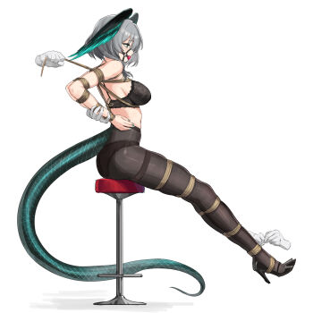 1girl absurdres arknights arms_behind_back ball_gag bar_stool bdsm black_pantyhose bondage bound bound_arms bound_legs bra breasts commission disembodied_hand full_body gag gag_harness gagged green_eyes grey_hair head_wings high_heels highres ho'olheyak_(arknights) medium_breasts pantyhose rope second-party_source shibari shibari_over_clothes shinebell sitting solo stool tail underwear white_background wings