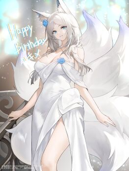 Rule 34 | 1girl, animal ear fluff, animal ears, blue eyes, breasts, cleavage, dress, fox ears, fox girl, fox tail, haori io, highres, kage no jitsuryokusha ni naritakute!, large breasts, long hair, looking at viewer, multiple tails, solo, tail, white dress, white hair, yukime (kagejitsu)