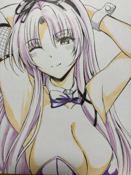 Rule 34 | 1girl, animal ear hairband, animal ears, blush, bow, bowtie, braid, breasts, bun with braided base, cleavage, closed mouth, comiket 107, commentary request, curtained hair, detached collar, double-parted bangs, eiyuu densetsu, embarrassed, fake animal ears, hair between eyes, hair bun, hairband, highres, kagura yuuto, kuro no kiseki (series), leotard, looking at viewer, one eye closed, parted bangs, photoshop (medium), playboy bunny, portrait, purple bow, purple bowtie, purple hair, purple leotard, rabbit ear hairband, rabbit ears, renne (eiyuu densetsu), single fishnet armwear, single side bun, smile, solo, strapless, strapless leotard, traditional bowtie, traditional media, two side up, white wrist cuffs, wrist cuffs, yellow eyes