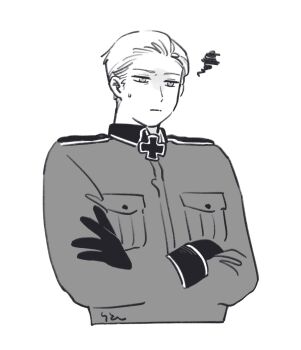 Rule 34 | 1boy, axis powers hetalia, breast pocket, closed mouth, collared jacket, cross, crossed arms, germany (hetalia), gloves, greyscale, half-closed eyes, highres, iron cross, jacket, looking afar, male focus, mi aph to, military, military jacket, military uniform, monochrome, pocket, short hair, simple background, solo, squiggle, sweatdrop, upper body