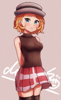 Rule 34 | 1girl, absurdres, blue eyes, blush, breasts, closed mouth, commentary request, cowboy shot, earrings, eyelashes, grey background, grey hat, hat, highres, jewelry, maho (corotonton5150), nintendo, pleated skirt, pokemon, pokemon (anime), pokemon journeys, red skirt, serena (pokemon), skirt, smile, solo, sweater vest, thighhighs