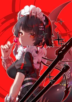 1girl akuma_(st.takuma) bare_arms black_hair bow breasts candy colored_inner_hair commentary ellen_joe fins fish_tail food frills from_behind hair_ornament hairclip highres holding holding_candy holding_food holding_lollipop large_breasts lollipop looking_at_viewer looking_back maid maid_headdress mole mole_on_arm mole_under_eye multicolored_hair nail_polish puffy_short_sleeves puffy_sleeves red_bow red_eyes red_hair red_nails shark_girl shark_tail short_hair short_sleeves simple_background solo sparkle tail two-tone_hair upper_body wrist_cuffs x_hair_ornament zenless_zone_zero