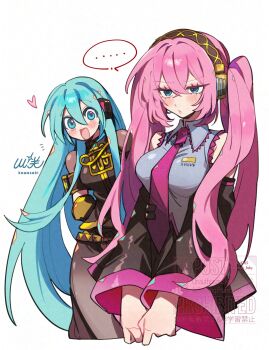 ... 2girls aqua_hair artist_name bare_shoulders black_skirt black_sleeves black_vest blue_eyes blush breasts commentary cosplay costume_switch cropped_legs detached_sleeves gold_trim grey_shirt hair_between_eyes hatsune_miku hatsune_miku_(cosplay) headphones heart highres kawasaki_(kwsk_8765) large_breasts long_hair looking_at_another megurine_luka megurine_luka_(cosplay) multiple_girls necktie open_mouth pink_hair pink_necktie pink_trim shirt signature simple_background skirt sleeveless sleeveless_shirt spoken_ellipsis sweatdrop symbol-only_commentary twintails very_long_hair vest vocaloid white_background wide_sleeves