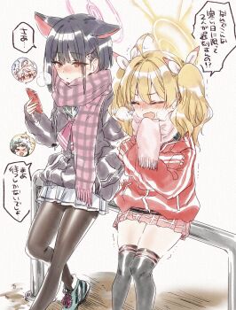 >_< 4girls against_railing ahoge airi_(blue_archive) animal_ears black_hair black_hoodie black_pantyhose black_thighhighs blonde_hair blue_archive blue_shoes blush brown_hair cat_ears cat_girl cellphone checkered_clothes checkered_scarf closed_eyes colored_inner_hair commentary_request crossed_arms feet_out_of_frame green_halo green_sailor_collar hair_ornament hair_ribbon hairclip halo hand_in_pocket highres holding holding_phone hood hoodie jacket kazusa_(blue_archive) kuroi_mimei long_hair long_sleeves multicolored_hair multiple_girls natsu_(blue_archive) neckerchief open_mouth pantyhose phone pink_hair pink_halo pink_neckerchief pink_scarf pink_skirt pleated_skirt purple_scarf railing red_eyes red_jacket ribbon sailor_collar scarf shoes short_hair skirt sleeves_past_wrists smartphone sneakers thighhighs track_jacket trembling twintails white_background white_ribbon white_skirt yellow_halo yoshimi_(blue_archive) zettai_ryouiki