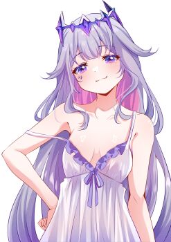 1girl :3 absurdres alternate_costume bare_arms breasts circlet cleavage closed_mouth colored_inner_hair commentary_request cowboy_shot cyanzan double-parted_bangs frilled_nightgown gradient_hair hair_flaps hand_on_own_hip highres hololive hololive_english jewel_under_eye koseki_bijou long_hair looking_at_viewer multicolored_hair nightgown pink_hair purple_eyes purple_hair sidelocks simple_background small_breasts smile solo strap_slip very_long_hair virtual_youtuber white_background white_nightgown
