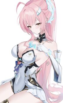 Rule 34 | 1girl, absurdres, aemeath (wuthering waves), blush, breasts, cleavage, commentary request, covered navel, elbow gloves, gloves, hair ornament, hand on own thigh, hand up, highres, large breasts, leotard, long hair, looking at viewer, pink hair, showgirl skirt, simple background, skirt, solo, strapless, strapless leotard, suyosuyo, tacet mark (wuthering waves), thighs, white background, white gloves, white leotard, white skirt, wuthering waves, yellow eyes