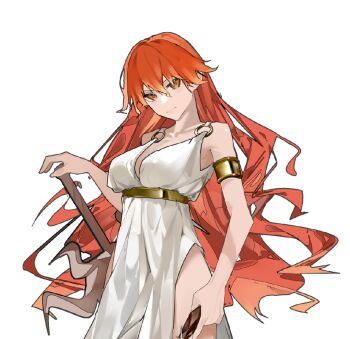 1girl alternate_costume armlet augusta_(wuthering_waves) bare_shoulders breasts chinese_commentary closed_mouth collarbone commentary_request cowboy_shot dress dududadududaqwq greatsword hair_between_eyes hand_on_hilt holding jewelry large_breasts looking_at_viewer orange_eyes orange_hair simple_background solo sword thighs weapon white_background white_dress wuthering_waves