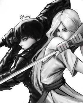 Rule 34 | 1boy, 1girl, absurdres, armor, back-to-back, black hair, clenched hand, clothing cutout, commentary, cowboy shot, english commentary, fighting stance, greyscale, highres, hiqugi, holding, holding sword, holding weapon, long hair, monochrome, nephis (shadow slave), robe, serious, shadow slave, shoulder cutout, sunny (shadow slave), sword, weapon, white hair