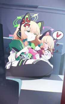 1boy 2girls anger_vein animal_ear_headphones animal_ears black_shorts black_thighhighs blonde_hair blue_archive blue_necktie blunt_bangs blush bow cat_ear_headphones cat_ears cat_tail checkered_floor chromatic_aberration closed_eyes commentary_request controller doodle_sensei_(blue_archive) fake_animal_ears fake_tail game_controller green_bow green_eyes green_halo green_jacket h14_drawing hair_bow halo headphones heart highres holding holding_controller holding_game_controller hood hood_down hooded_jacket hug indoors jacket jitome low-tied_sidelocks medium_hair midori_(blue_archive) momoi_(blue_archive) multicolored_jacket multiple_girls necktie o3o off_shoulder on_floor open_mouth parted_bangs pink_halo pink_jacket pout red_bow sensei_(blue_archive) shirt shorts siblings sidelocks sisters sitting speech_bubble spoken_heart tail teeth thighhighs third_wheel twins upper_teeth_only white_jacket white_shirt