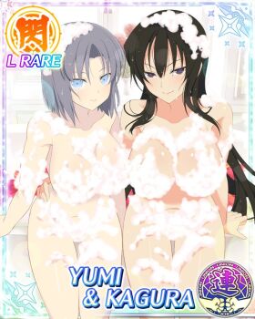 2girls bath bathing bathroom bathtub black_eyes black_hair blue_eyes blue_pupils border breasts card_(medium) character_name closed_mouth convenient_censoring flower flower-shaped_pupils game_cg grey_hair hand_on_another's_hip kagura_(senran_kagura) large_breasts long_hair looking_at_viewer medium_hair multiple_girls navel official_art red_flower red_rose rose same-sex_bathing senran_kagura senran_kagura_new_wave shared_bathing sitting smile soap soap_bubbles soap_censor symbol-shaped_pupils thigh_gap third-party_source very_long_hair wet yumi_(senran_kagura)